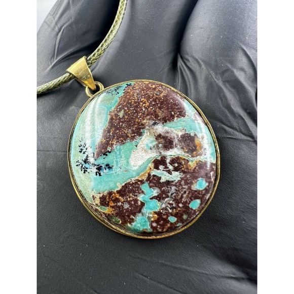 Natural Persian Turquoise Pendant Metal Brass Handmade With Rope - Picture 6 of 12
